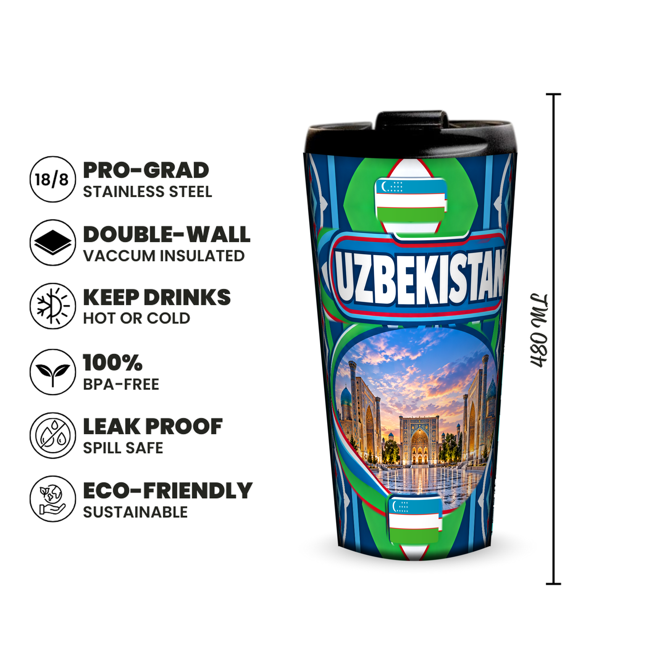 Uzbekistan 480ml insulated tumbler features and size
