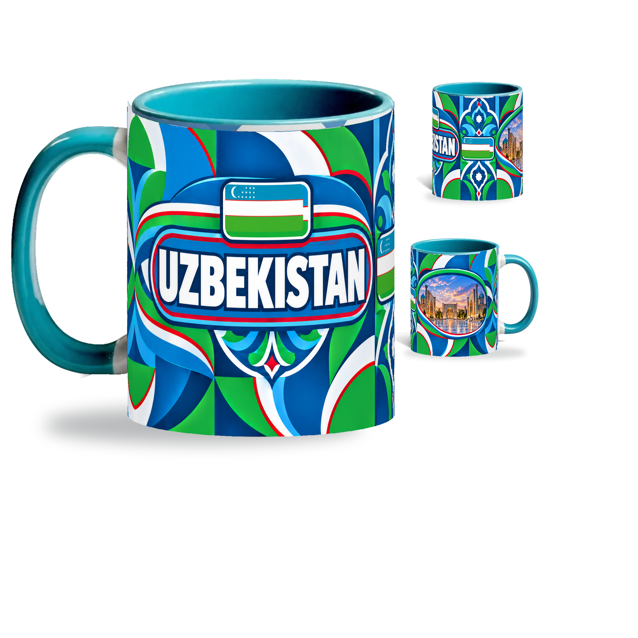 Uzbekistan Mug – 320ml with teal handle, showing the country-name side plus companion centered-flag and landmark views of the glossy full-wrap design by Fann Bliss.