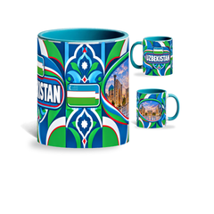 Uzbekistan Mug – 320ml with teal handle, showing the centered flag view plus companion country-name and landmark views of the glossy full-wrap design by Fann Bliss.