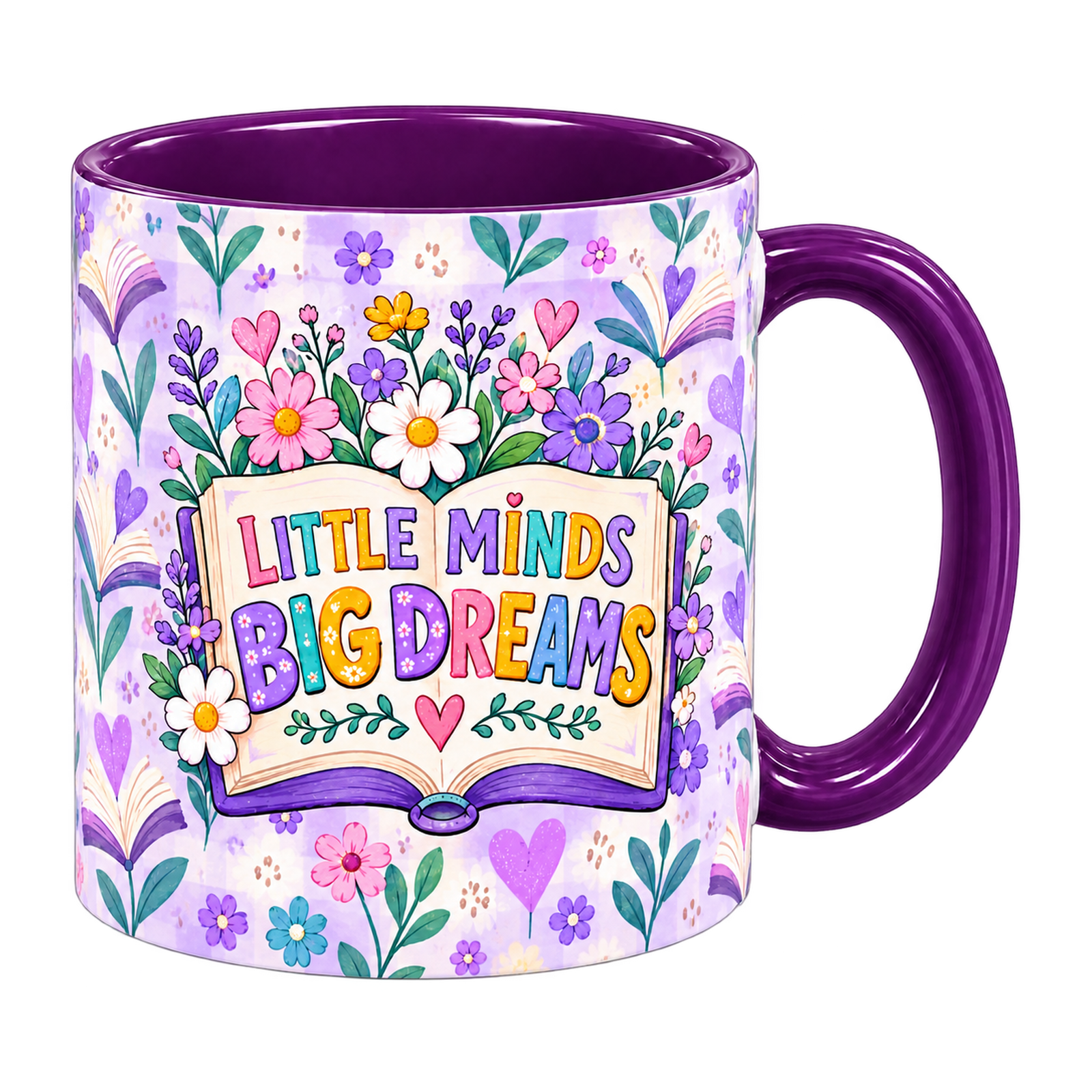 Violet Book Garden Teacher Mug, purple – right handle view: Little Minds Big Dreams