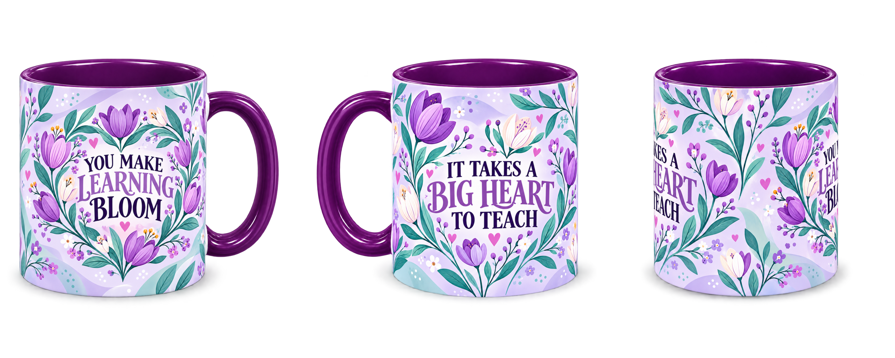Violet Tulip Thank You Teacher Mug, purple – right, left and centre views side by side