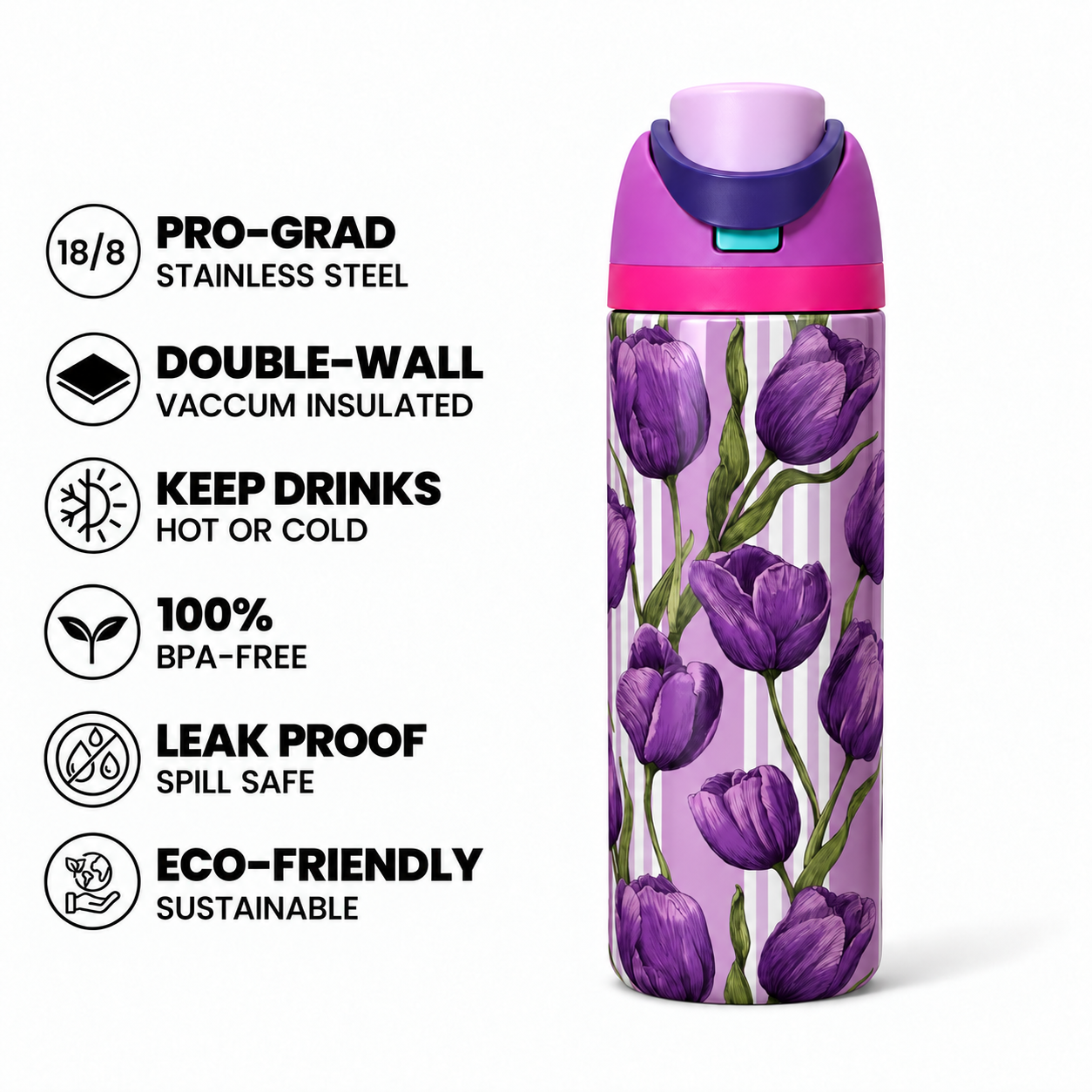 Violet Tulips Free Sip Bottle 720ML with Purple-Blue lid - insulated stainless steel features