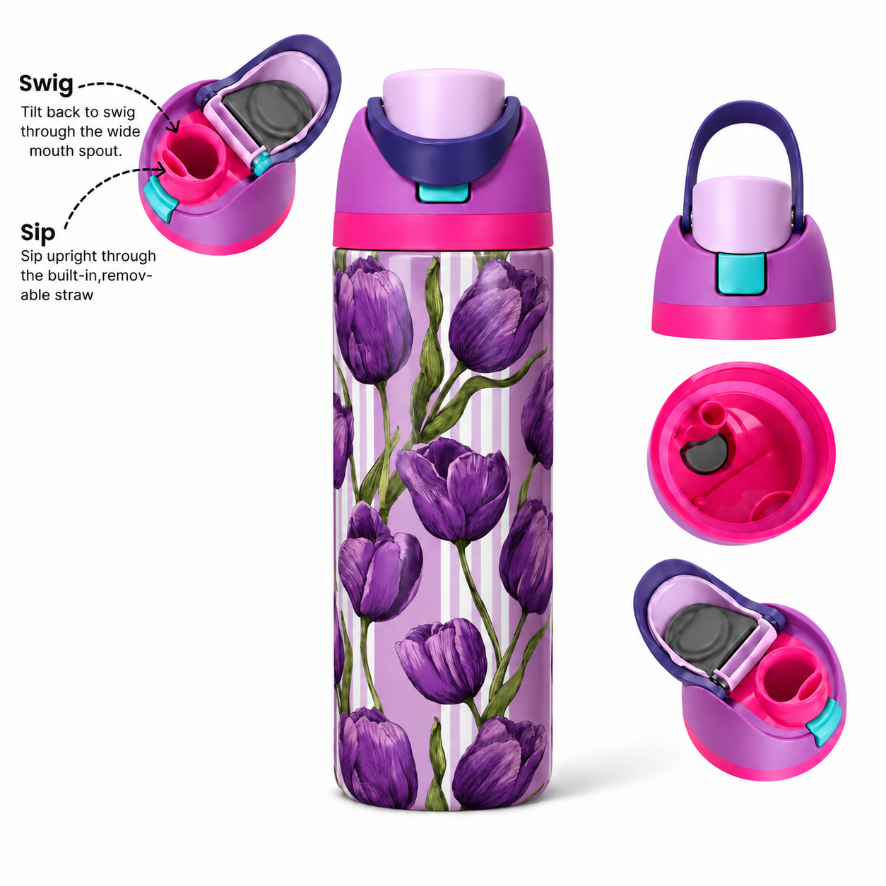 Violet Tulips Free Sip Bottle 720ML with Purple-Blue lid - sip and swig lid details