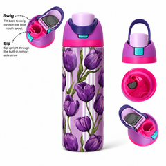 Violet Tulips Free Sip Bottle 720ML with Purple-Blue lid - sip and swig lid details