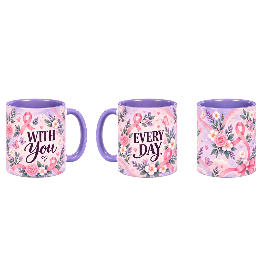 With You Always Pinktober Mug – Light Purple, 320ml, three-view overview