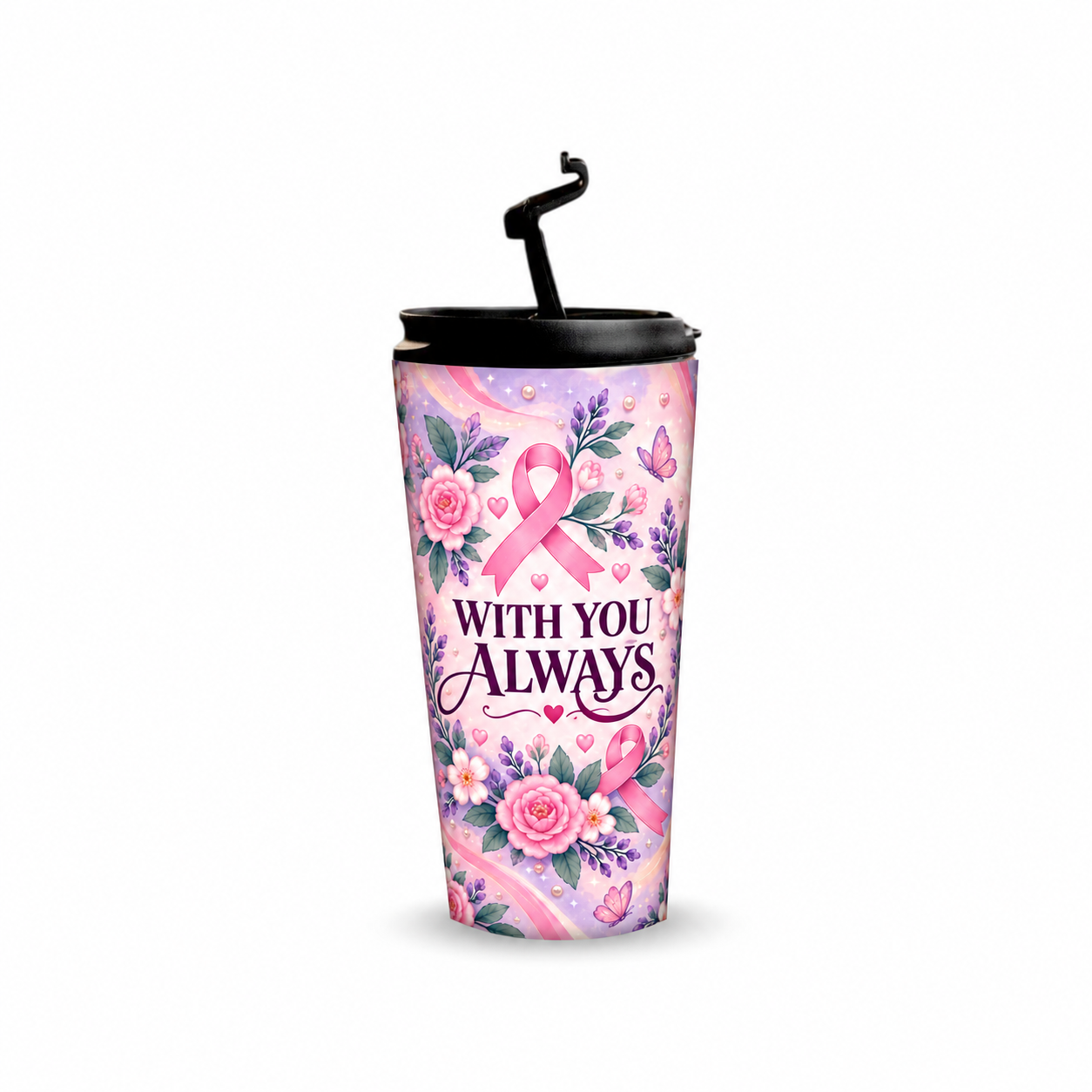 With You Always Pinktober Tumbler – 480ml, open flip-spout lid view