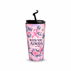 With You Always Pinktober Tumbler – 480ml, open flip-spout lid view