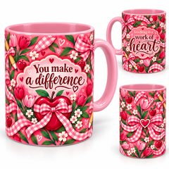 Work Of Heart Mug – 320ml, pink ceramic mug, views of the full-wrap Teacher’s Day design