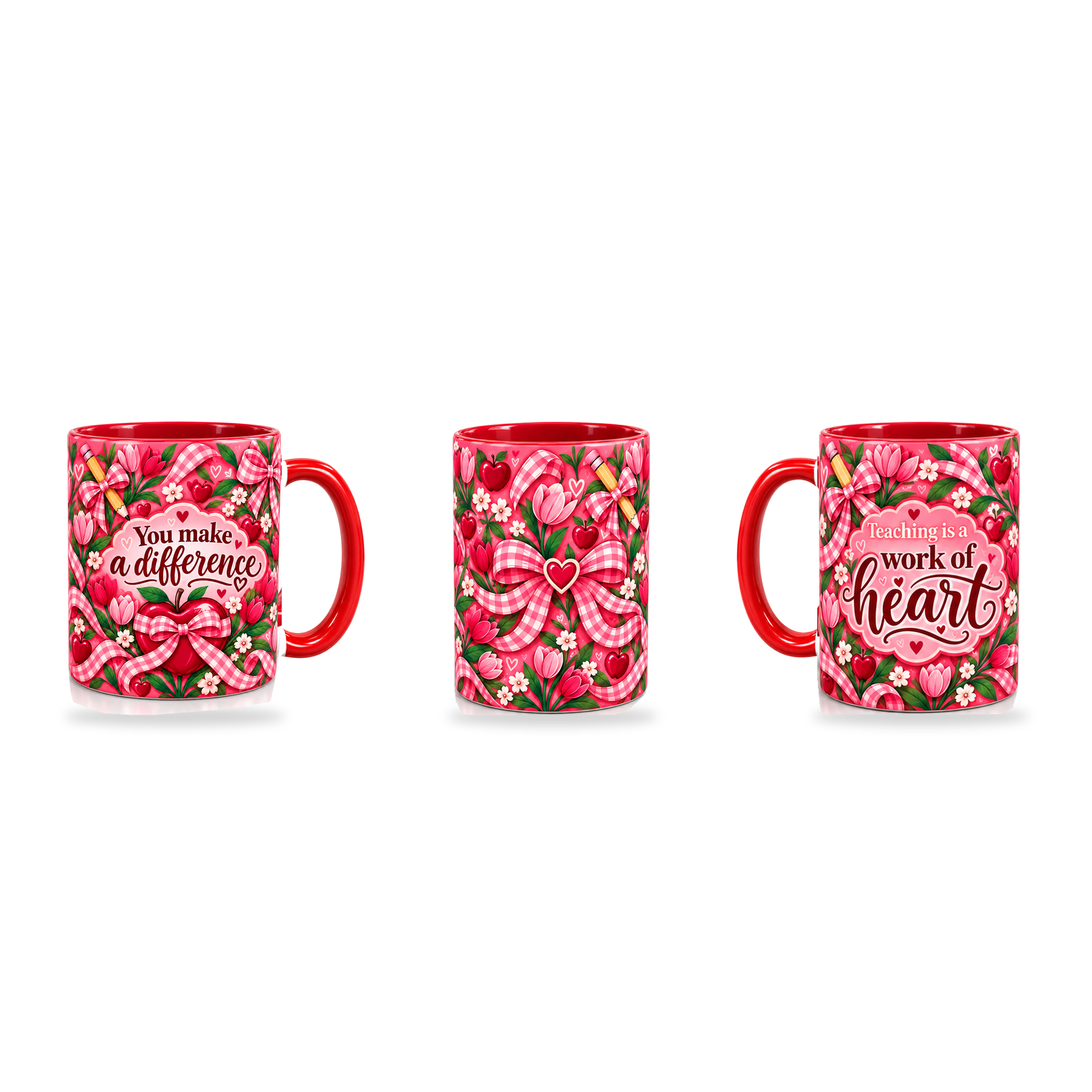 Work Of Heart Mug – 320ml, Red ceramic mug, three-angle overview of the Teacher’s Day artwork