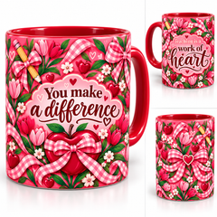 Work Of Heart Mug – 320ml, red ceramic mug, views of the full-wrap Teacher’s Day design