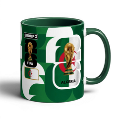 Fann Bliss Algeria FIFA World Cup commemorative ceramic mug with trophy and flag design. Green and white.