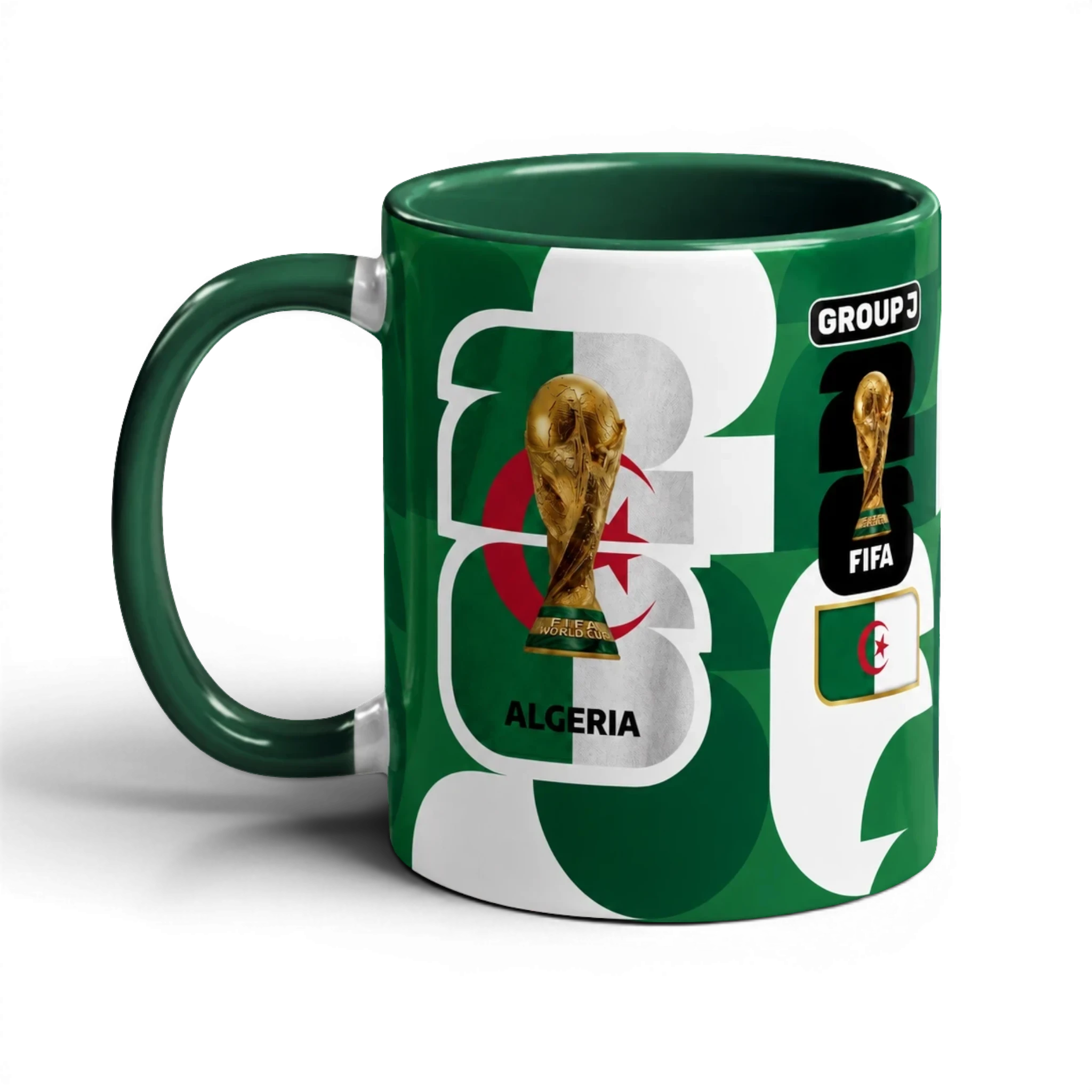 Fann Bliss Algeria FIFA World Cup commemorative ceramic mug with trophy and flag design in green and white.