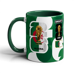 Fann Bliss Algeria FIFA World Cup commemorative ceramic mug with trophy and flag design in green and white.