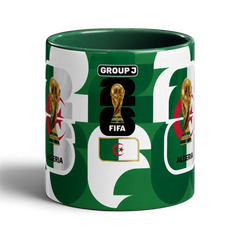 Fann Bliss Algeria FIFA World Cup commemorative ceramic mug with green and white design, trophy, and flag.