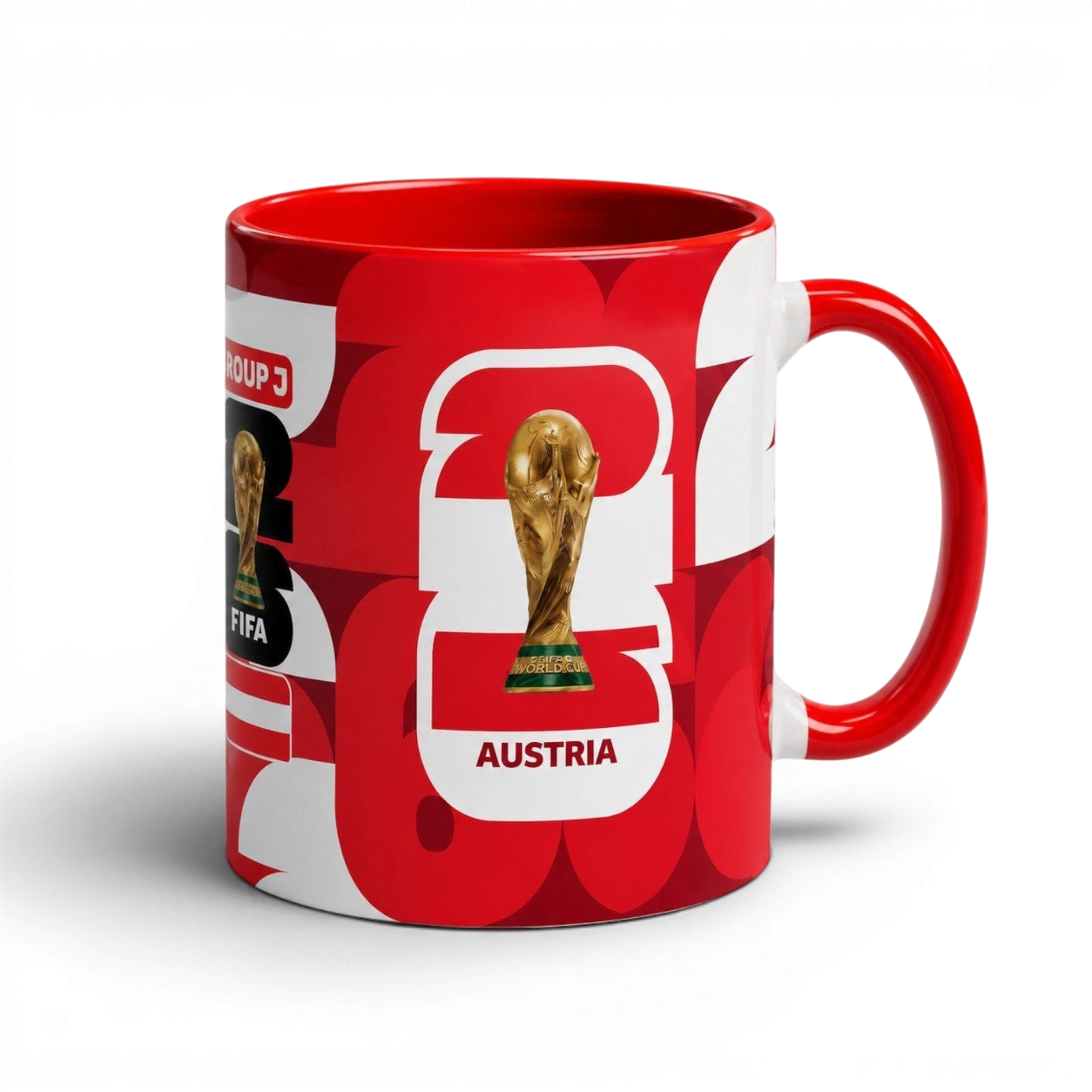 Fann Bliss ceramic coffee mug featuring a red and white Austria FIFA World Cup design with the trophy graphic.