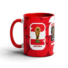 Fann Bliss Austria FIFA World Cup ceramic coffee mug in red and white with a gold trophy graphic