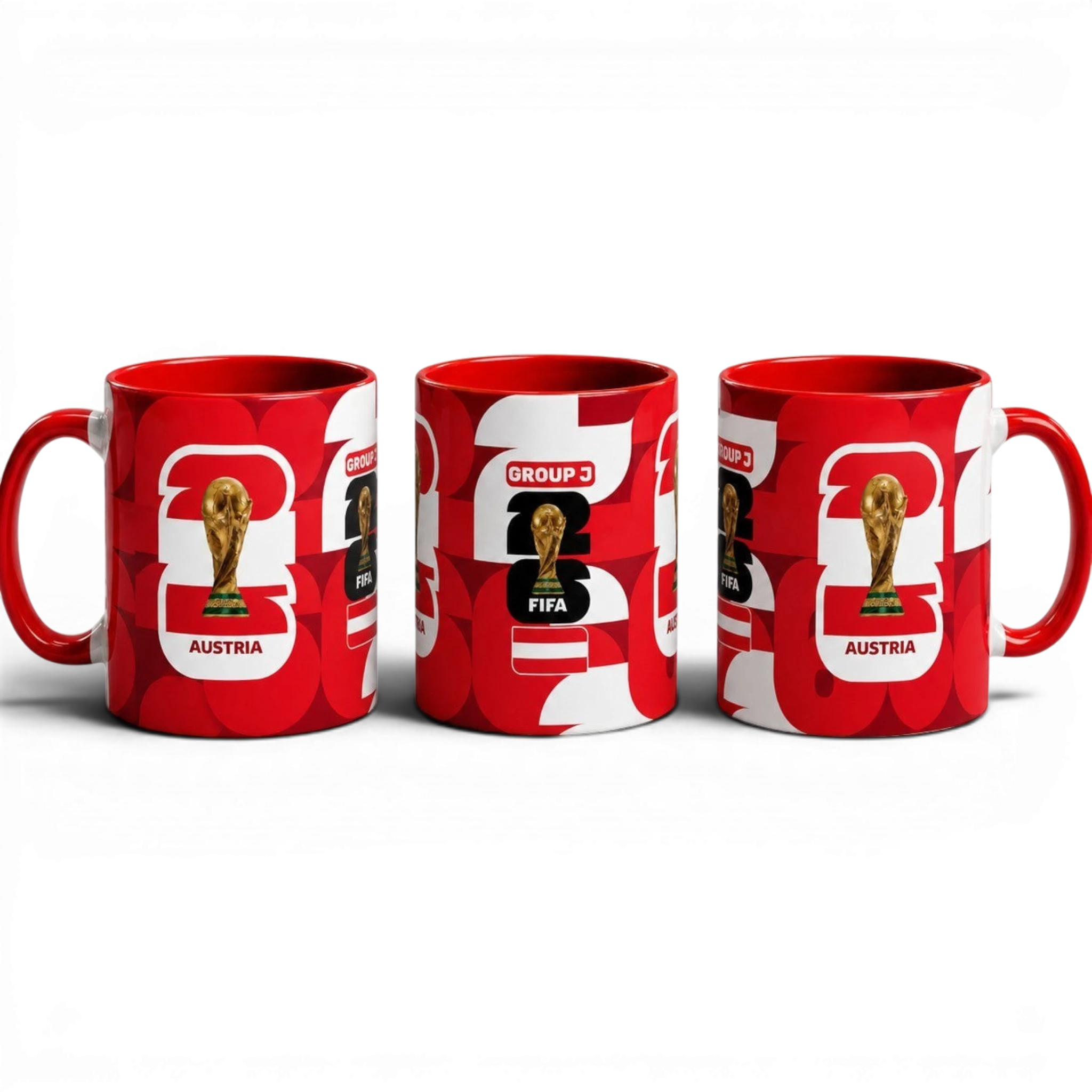 Fann Bliss Austria World Cup ceramic coffee mug featuring a red and white design with the FIFA trophy graphic.