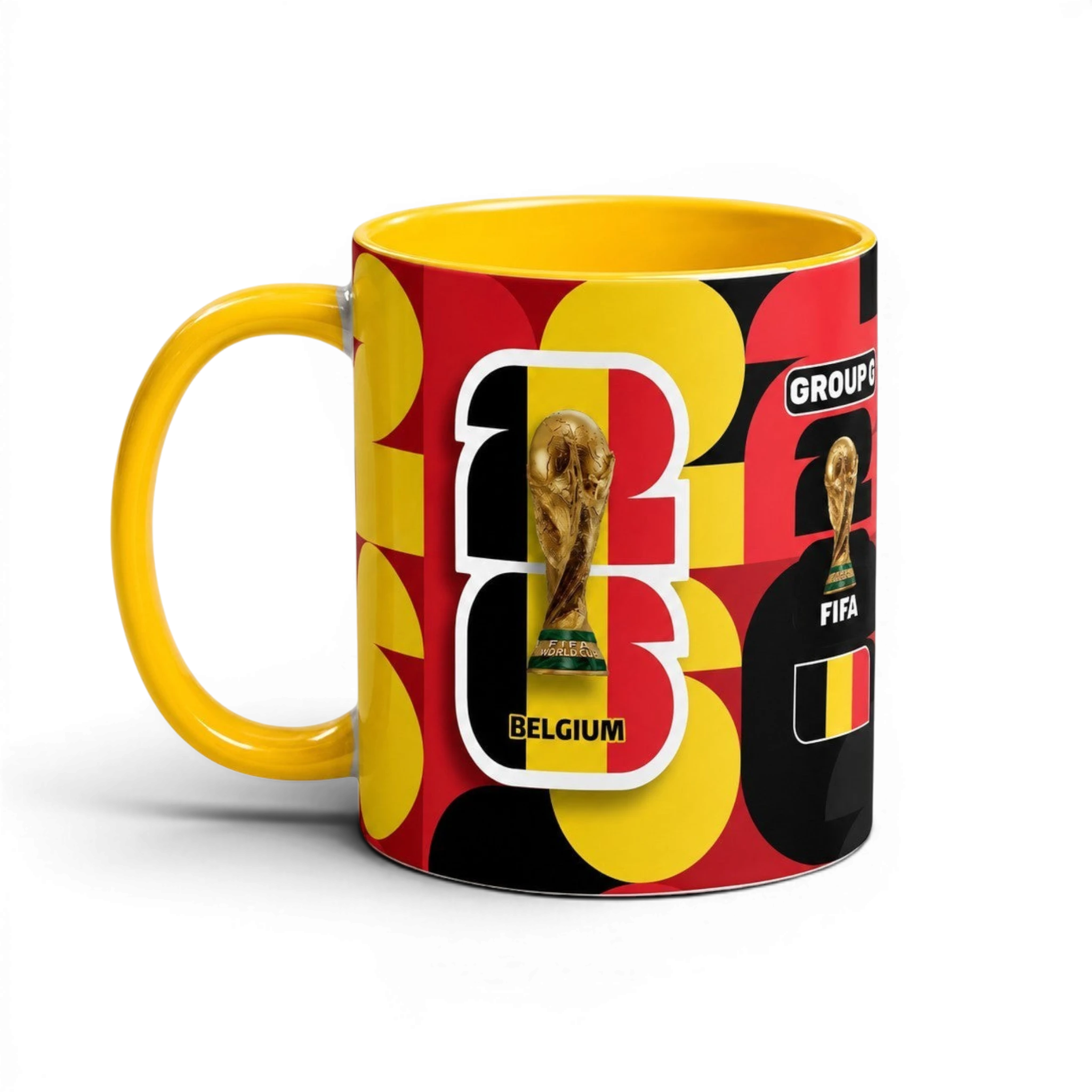 Fann Bliss Belgium World Cup ceramic coffee mug with red, black, and yellow pattern and FIFA trophy graphic.
