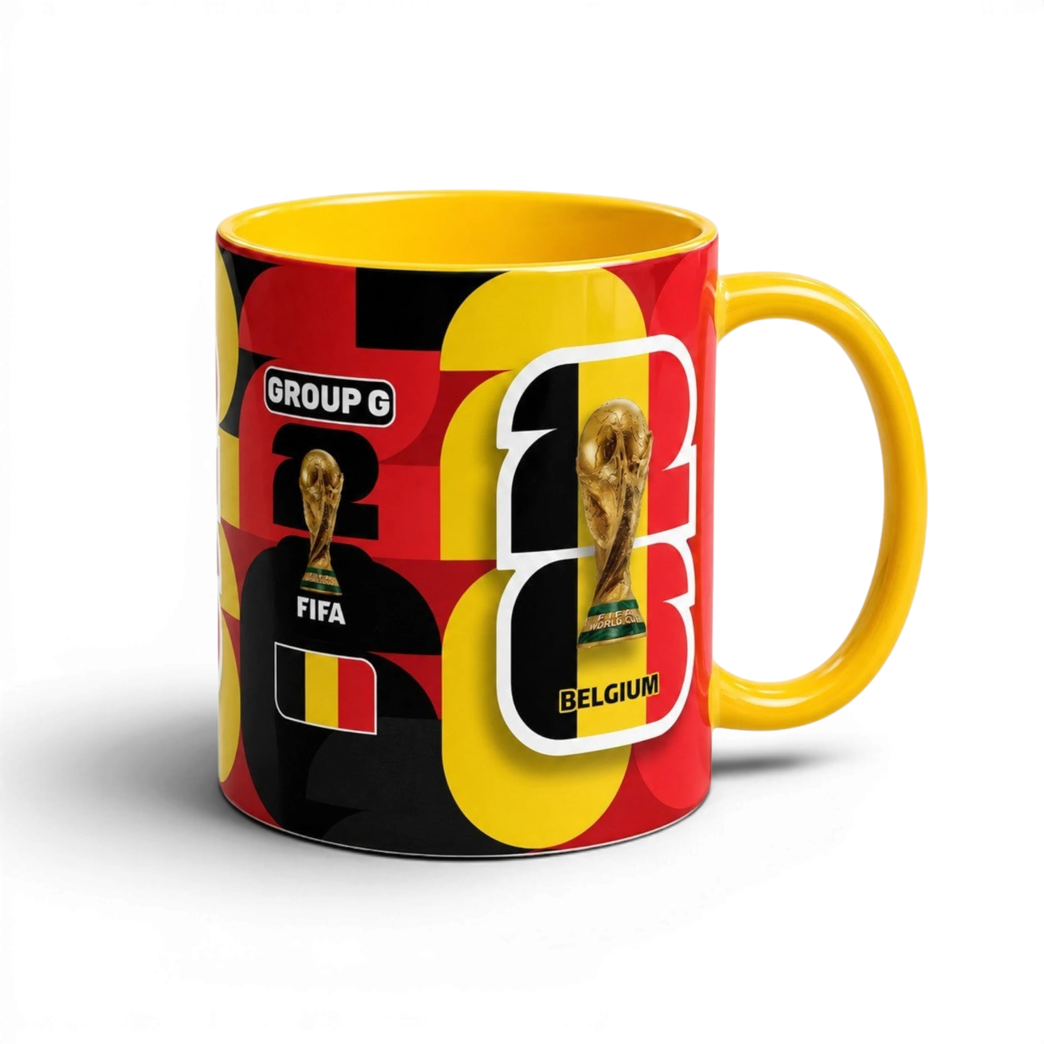 Fann Bliss Belgium World Cup ceramic coffee mug with red, black, and yellow football trophy graphic and Group G text.