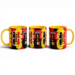 Fann Bliss Belgium World Cup ceramic coffee mug featuring red, black, and yellow design with FIFA trophy graphic
