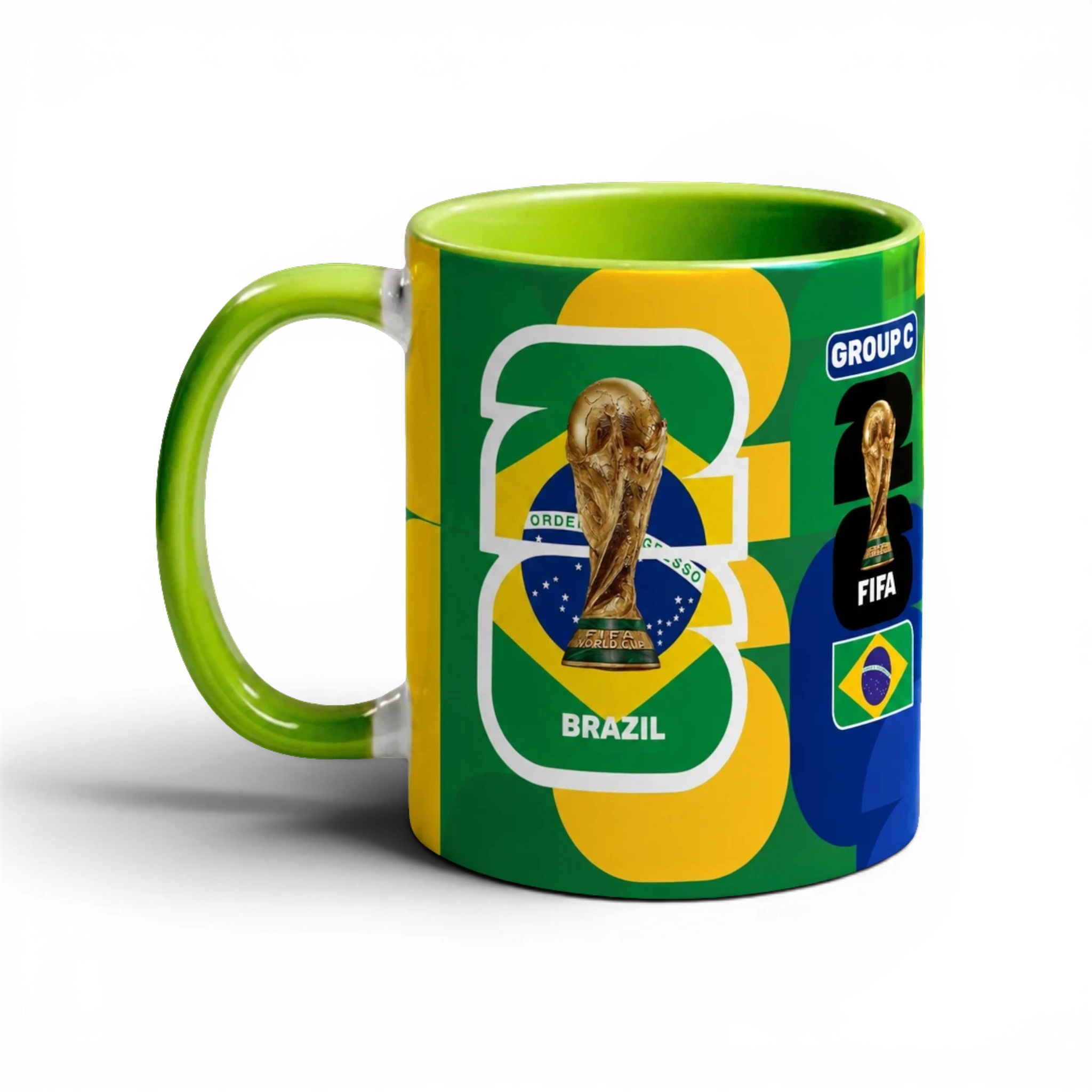 Fann Bliss Fifa World Cup Brazil commemorative ceramic mug with trophy and flag design. Green interior and handle.