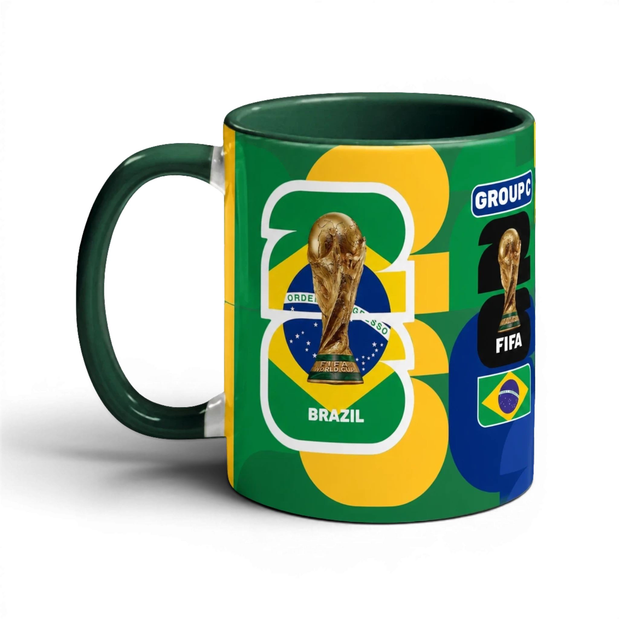 Fann Bliss ceramic mug celebrating FIFA World Cup Brazil with trophy, Brazil flag, and Group C details.