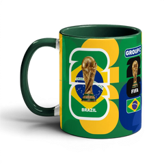 Fann Bliss ceramic mug celebrating FIFA World Cup Brazil with trophy, Brazil flag, and Group C details.