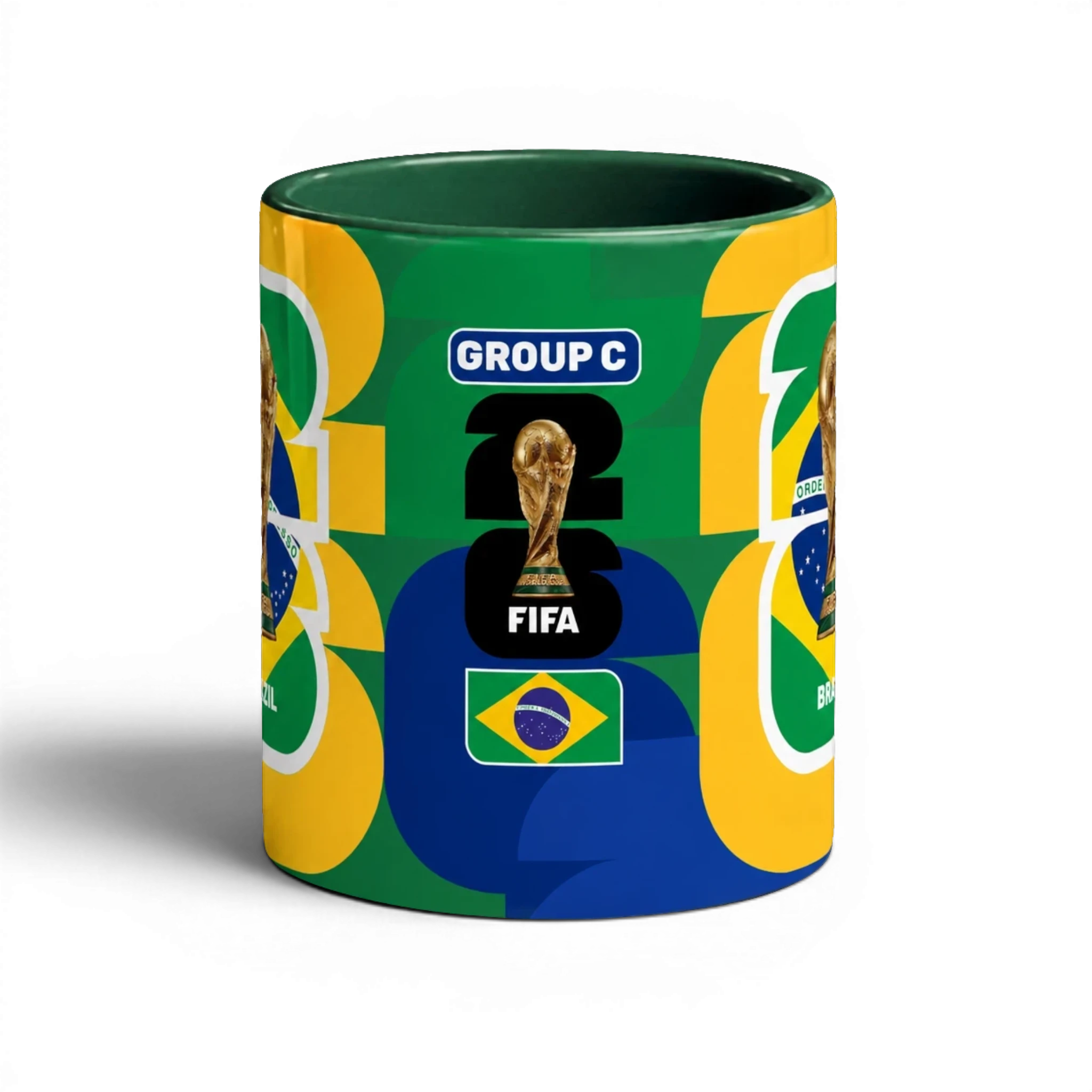 Fann Bliss FIFA World Cup Brazil commemorative ceramic mug with trophy and flag design. Green, yellow, and blue.