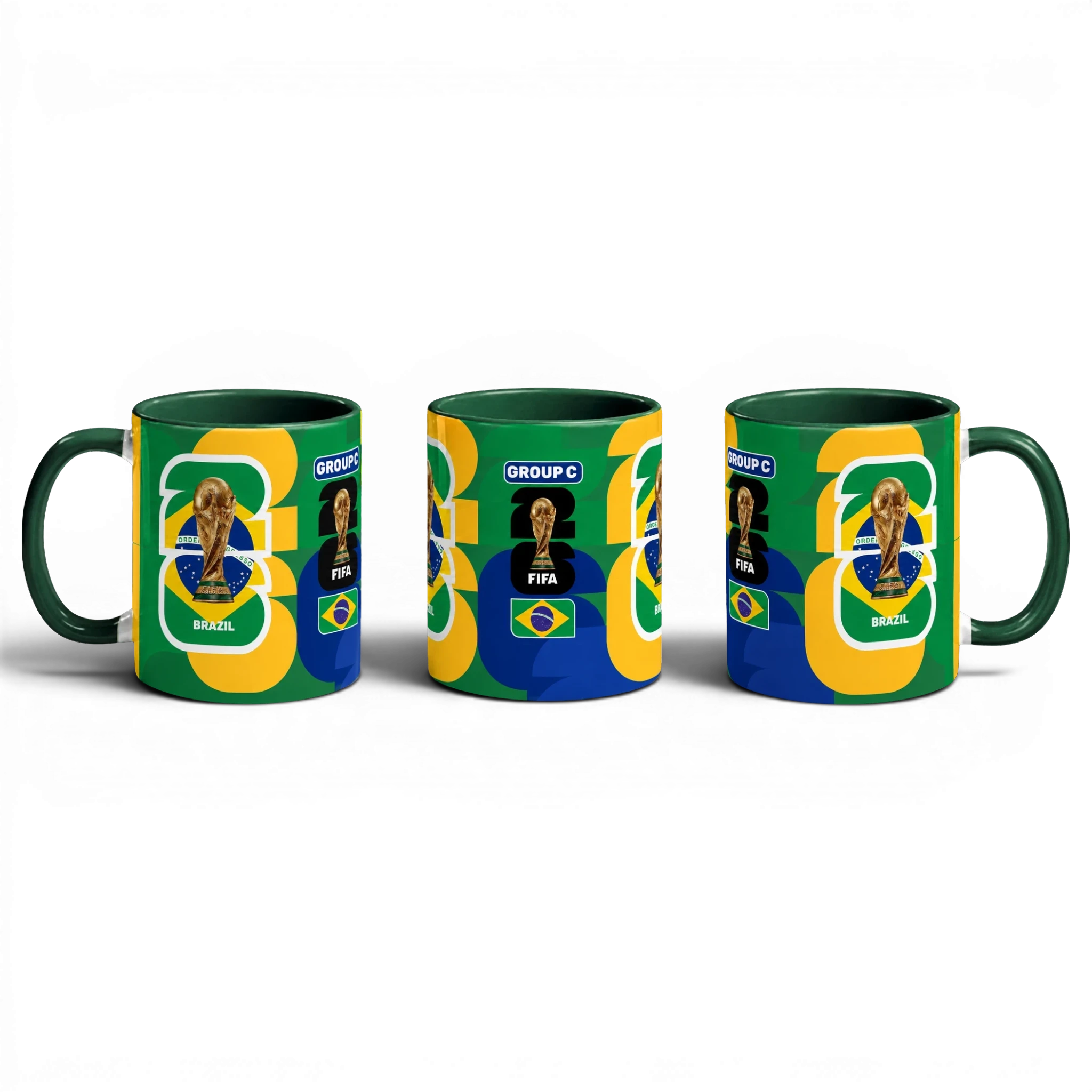 Fann Bliss FIFA World Cup Brazil commemorative ceramic coffee mug with green handle, featuring Brazil's flag colors and trophy.