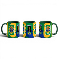 Fann Bliss FIFA World Cup Brazil commemorative ceramic coffee mug with green handle, featuring Brazil's flag colors and trophy.