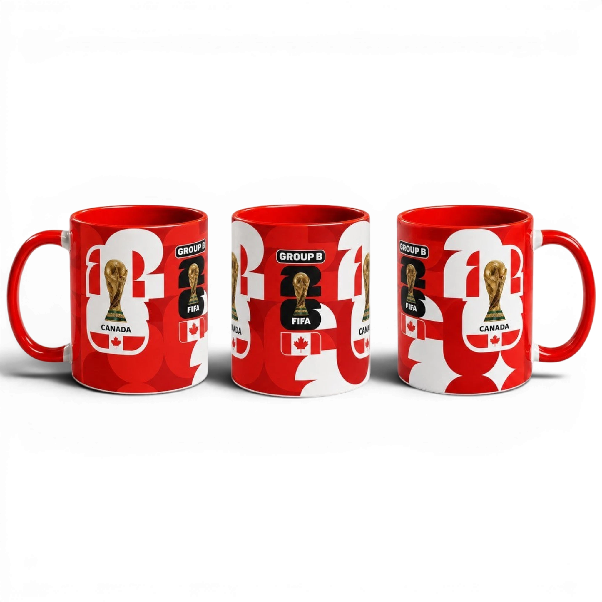 Fann Bliss red and white ceramic Canada Soccer World Cup commemorative mug with trophy and Group B graphics.