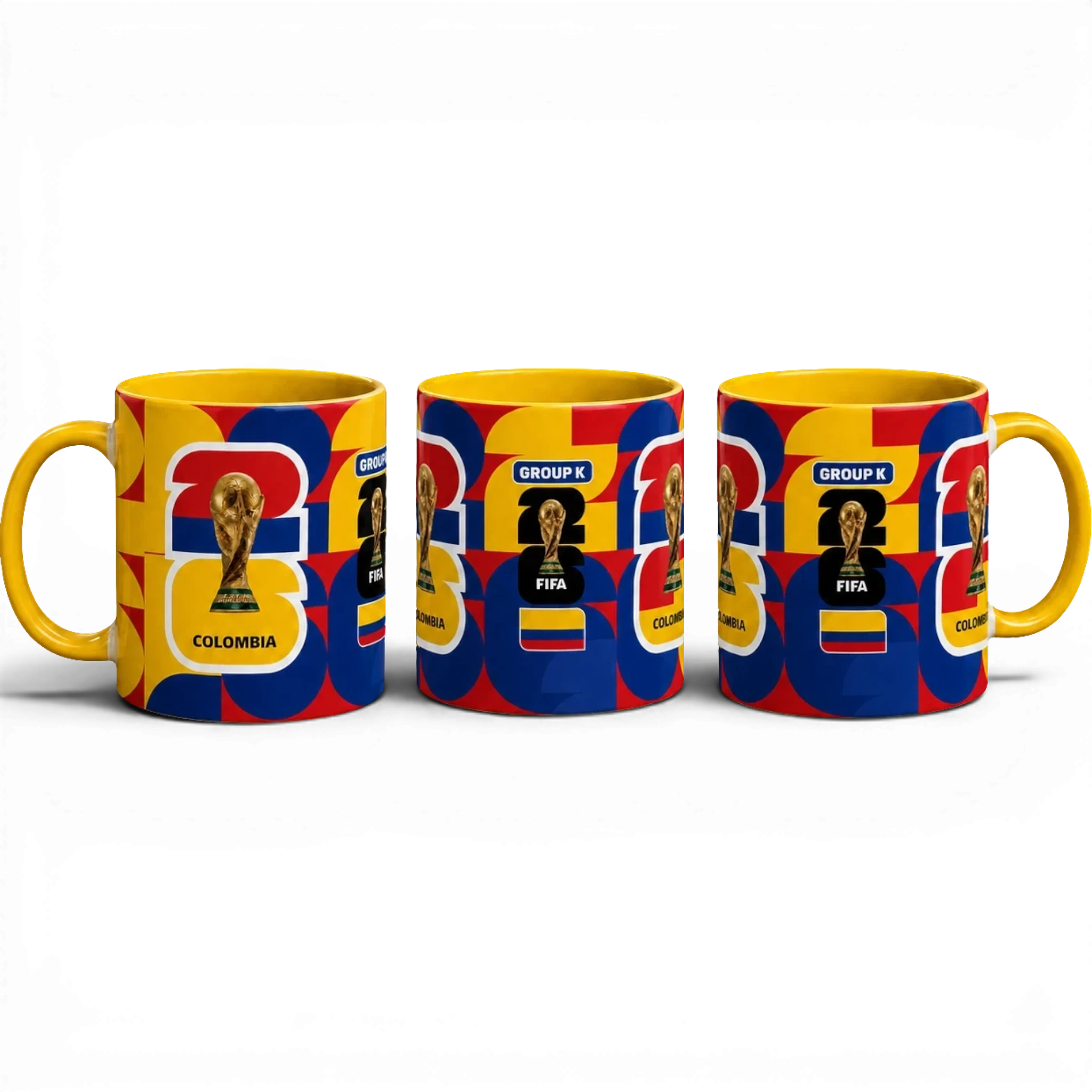 Fann Bliss ceramic mug featuring Colombia flag colors, FIFA World Cup trophy, and Group K tournament graphics.