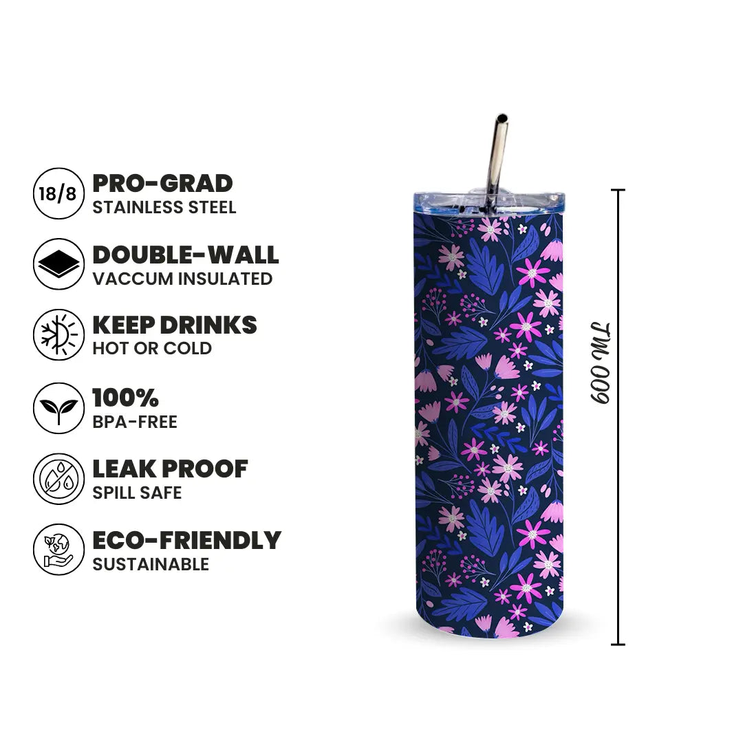 Midnight Bloom 600ml Tumbler with Straw Fann Bliss