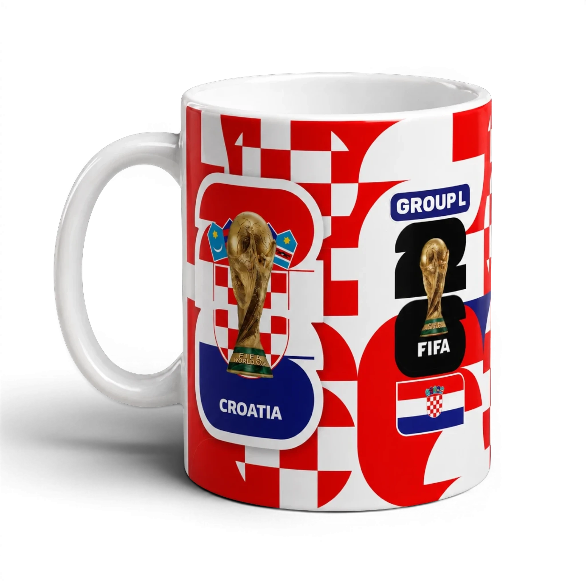 Fann Bliss Croatia FIFA World Cup commemorative ceramic mug with checkerboard pattern, trophy, and team details.