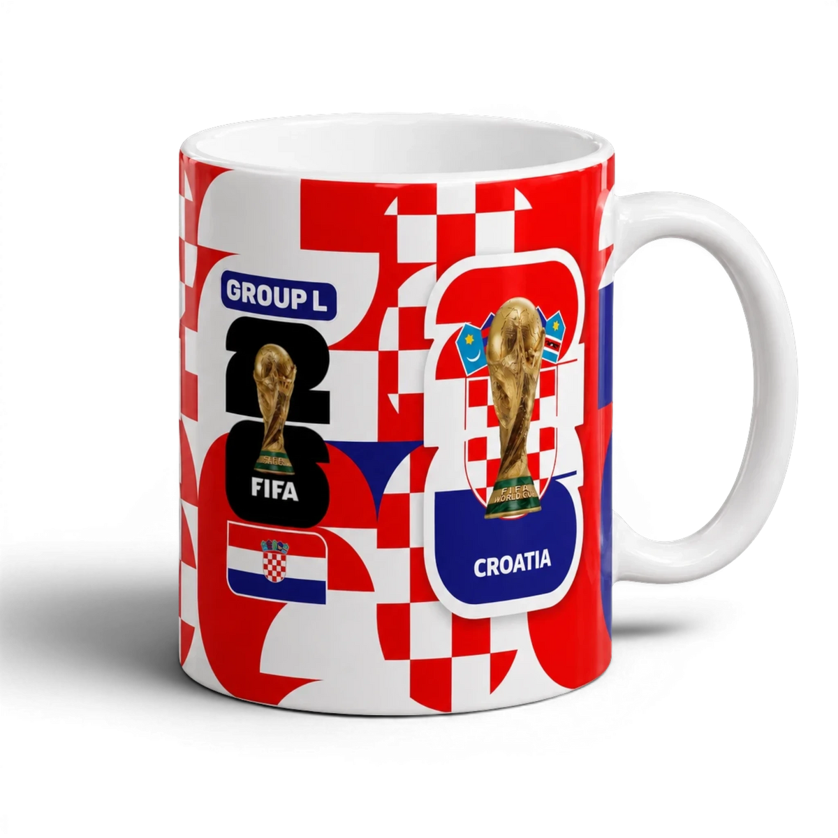 Fann Bliss Croatia FIFA World Cup commemorative ceramic mug with checkerboard pattern, trophy, and team details.