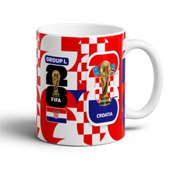 Fann Bliss Croatia FIFA World Cup commemorative ceramic mug with checkerboard pattern, trophy, and team details.