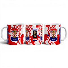Fann Bliss Croatia FIFA World Cup commemorative ceramic mug with red and white checkerboard pattern and trophy graphic.