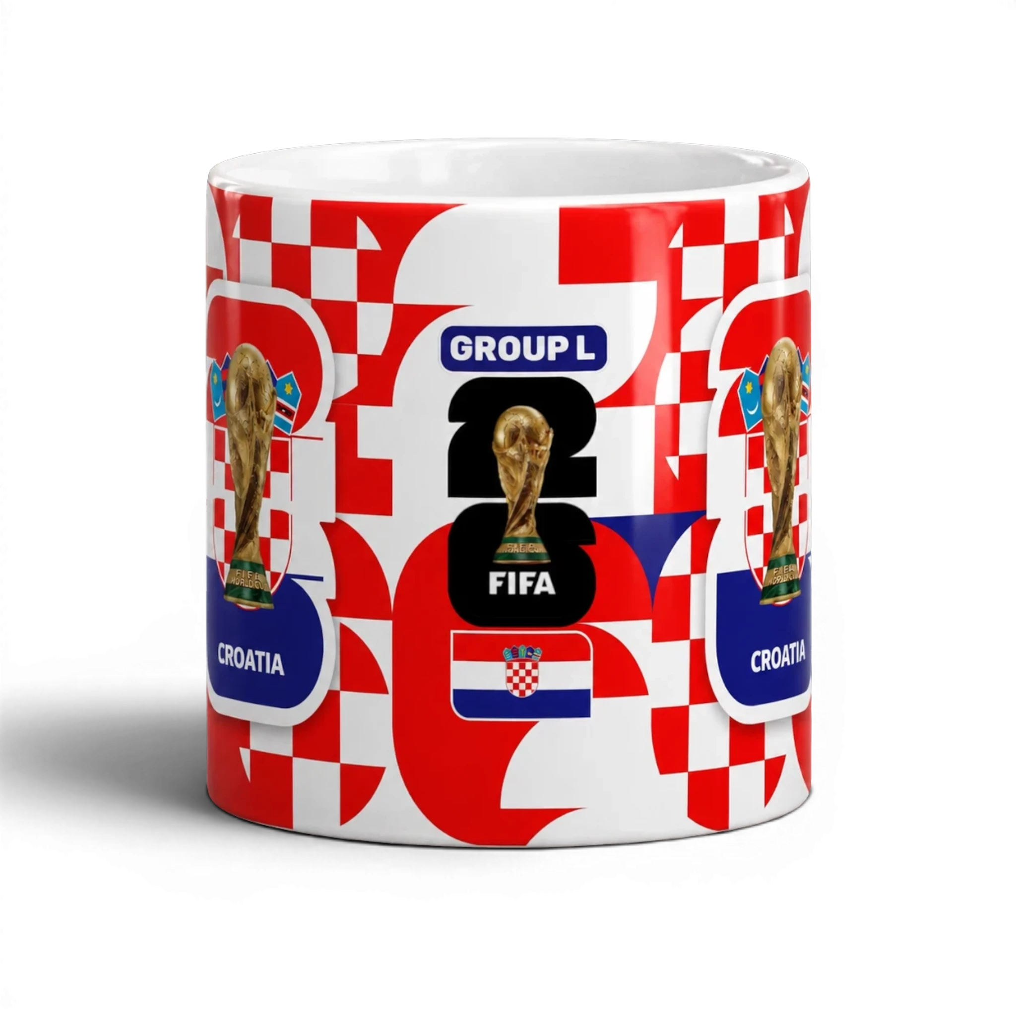 Fann Bliss Croatia FIFA World Cup commemorative ceramic coffee mug with red and white checkerboard pattern, trophy, and team details.
