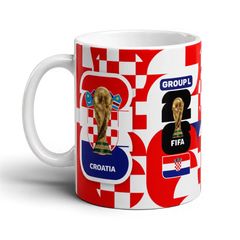 Fann Bliss Croatia FIFA World Cup commemorative ceramic mug with checkerboard pattern, trophy, and team details.