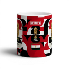 Fann Bliss Egypt World Cup Group G commemorative mug with FIFA trophy and Egyptian flag graphics in red, black, and white.