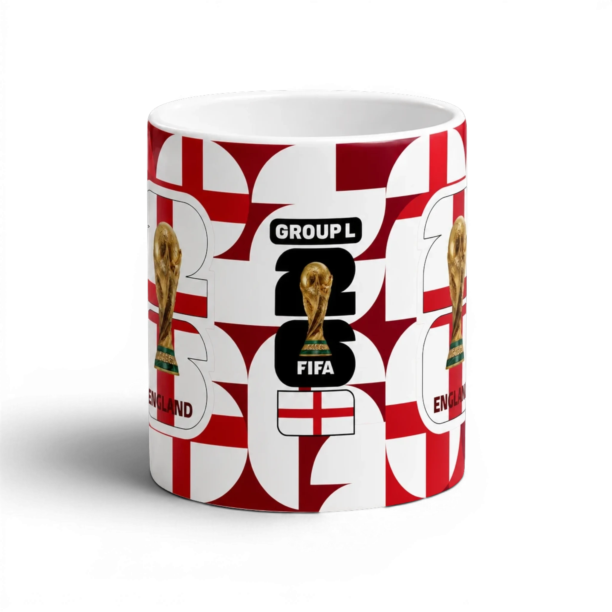 Fann Bliss England FIFA World Cup commemorative ceramic mug with St George's Cross pattern, trophy, and "GROUP L" text.