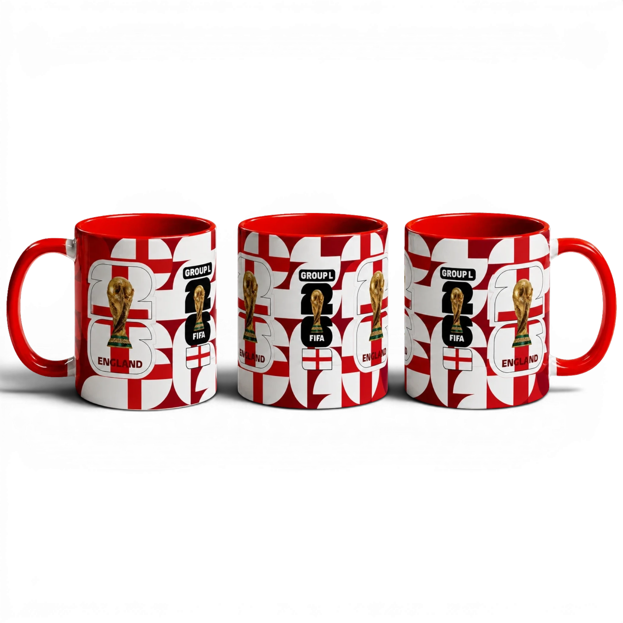 Fann Bliss England FIFA World Cup 2026 commemorative ceramic mug with St George's Cross design and red interior/handle.