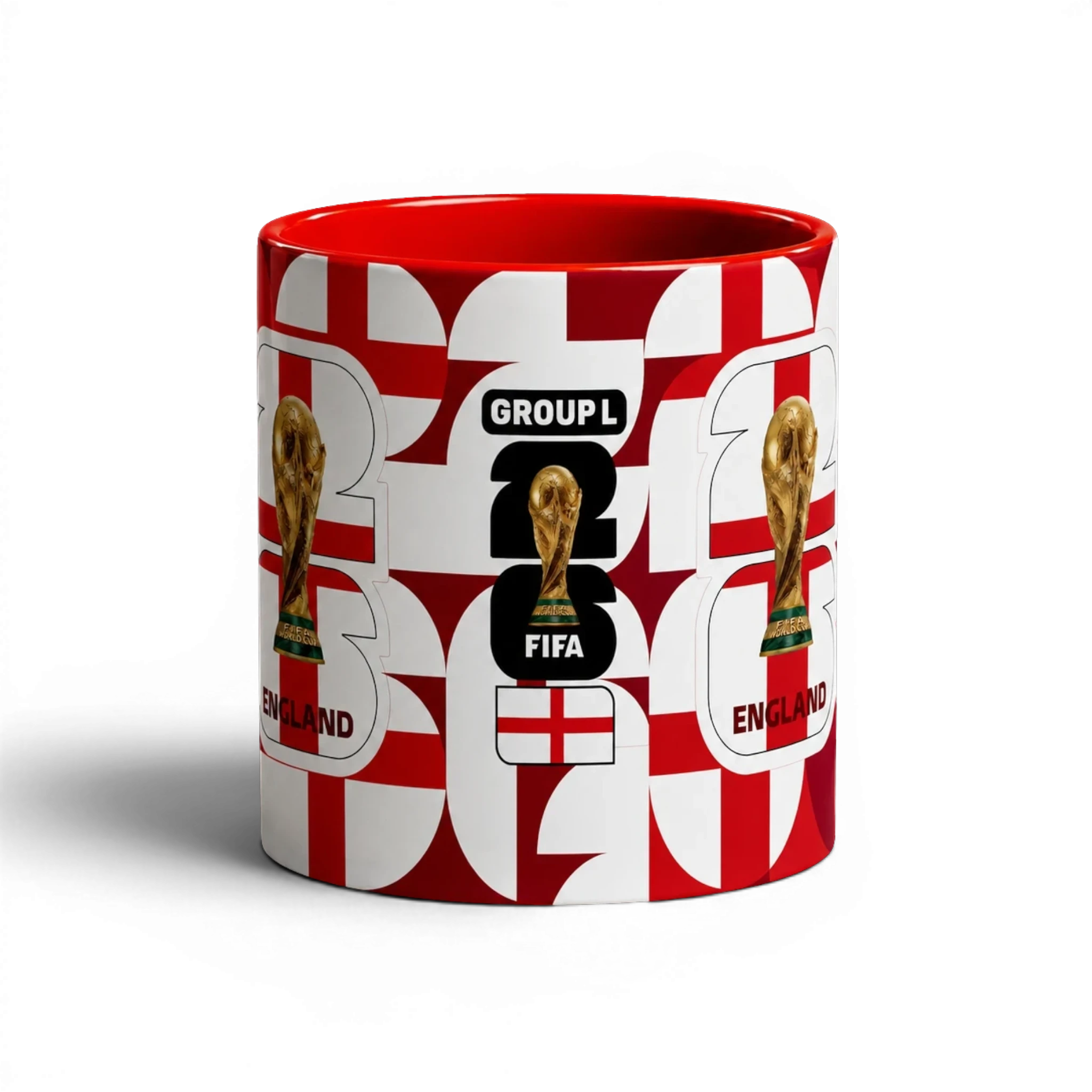 Fann Bliss England FIFA World Cup 2026 commemorative ceramic mug with St George's Cross pattern, red interior and handle.