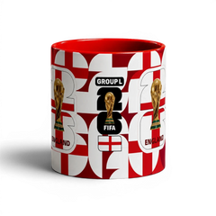 Fann Bliss England FIFA World Cup 2026 commemorative ceramic mug with St George's Cross pattern, red interior and handle.