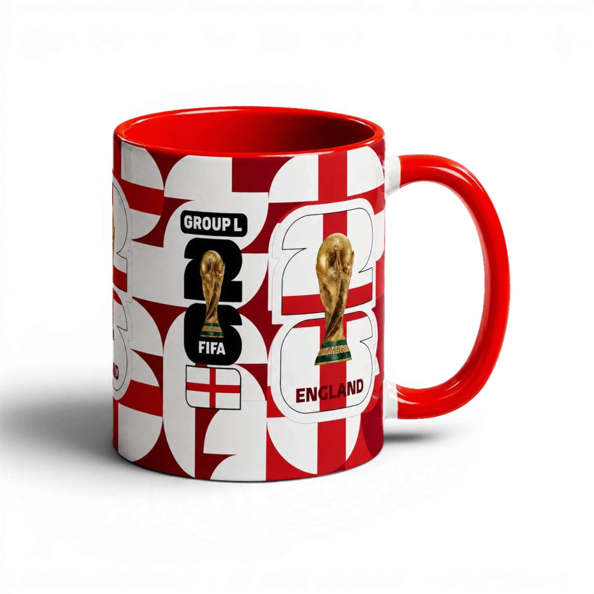 Fann Bliss England FIFA World Cup 2026 commemorative ceramic mug with St George's Cross pattern, red interior and handle.