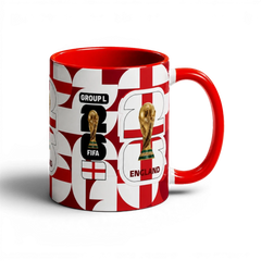 Fann Bliss England FIFA World Cup 2026 commemorative ceramic mug with St George's Cross pattern, red interior and handle.