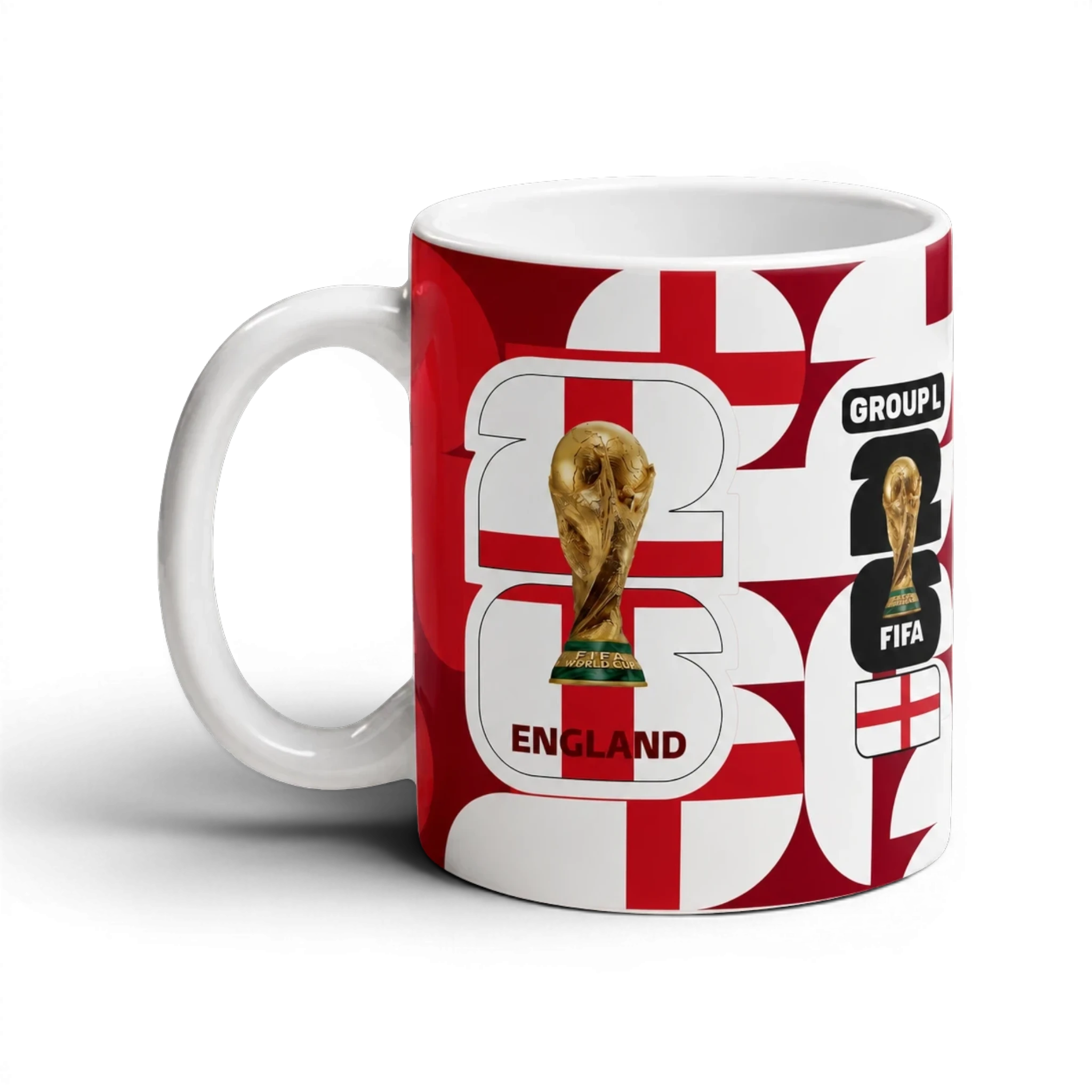 Fann Bliss England FIFA World Cup commemorative ceramic mug with St George's Cross pattern and trophy graphic.