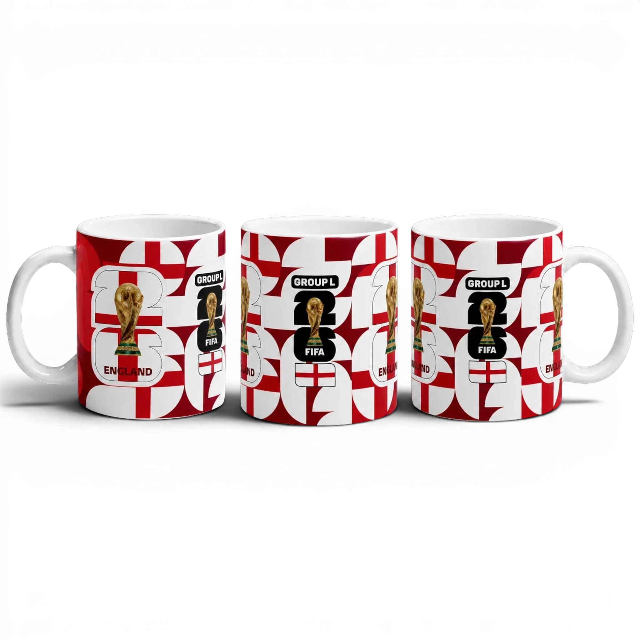 Fann Bliss England FIFA World Cup commemorative ceramic mug with St George's Cross pattern, trophy, and "GROUP L" text.
