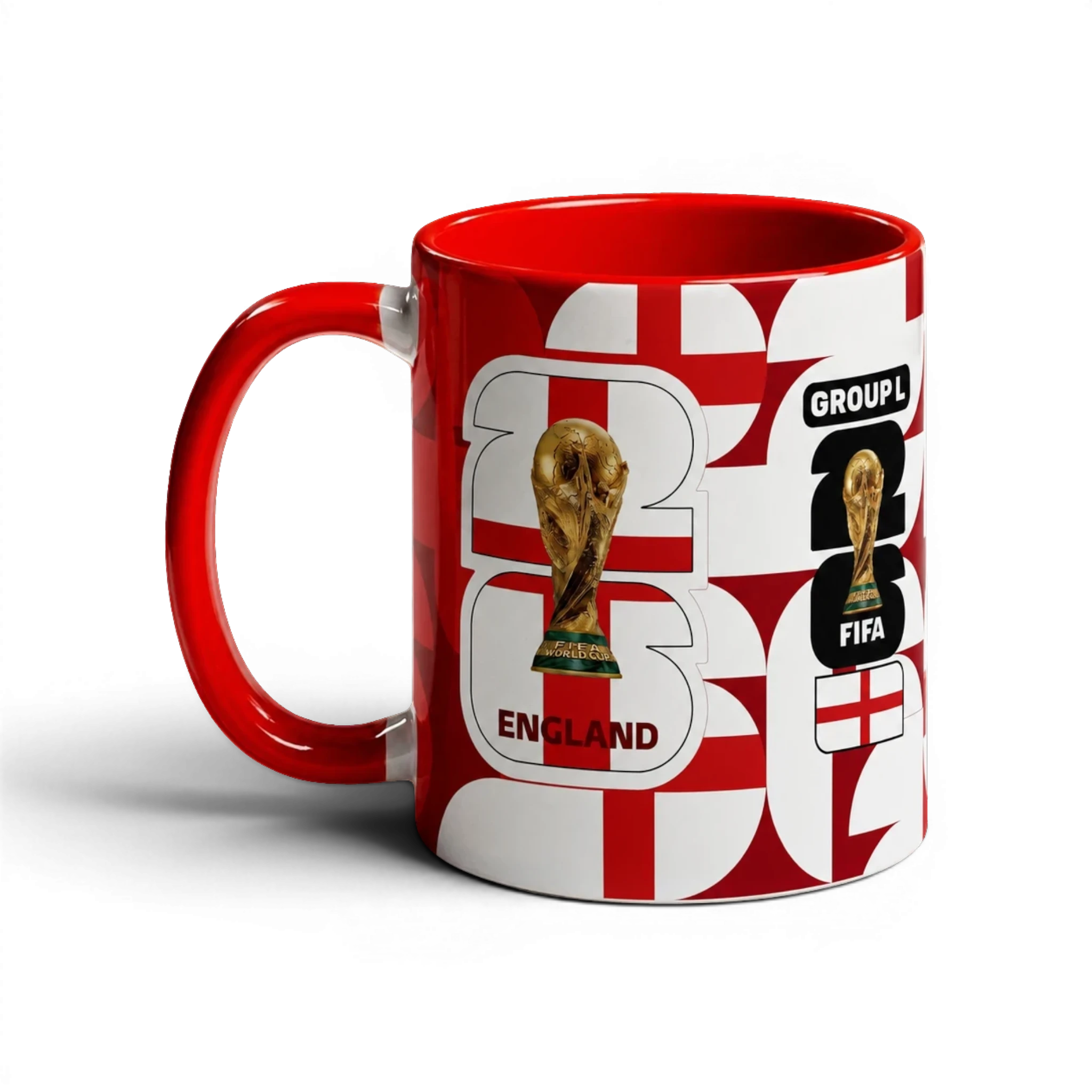 Fann Bliss England FIFA World Cup 2026 commemorative ceramic mug with St George's Cross design and trophy graphic.