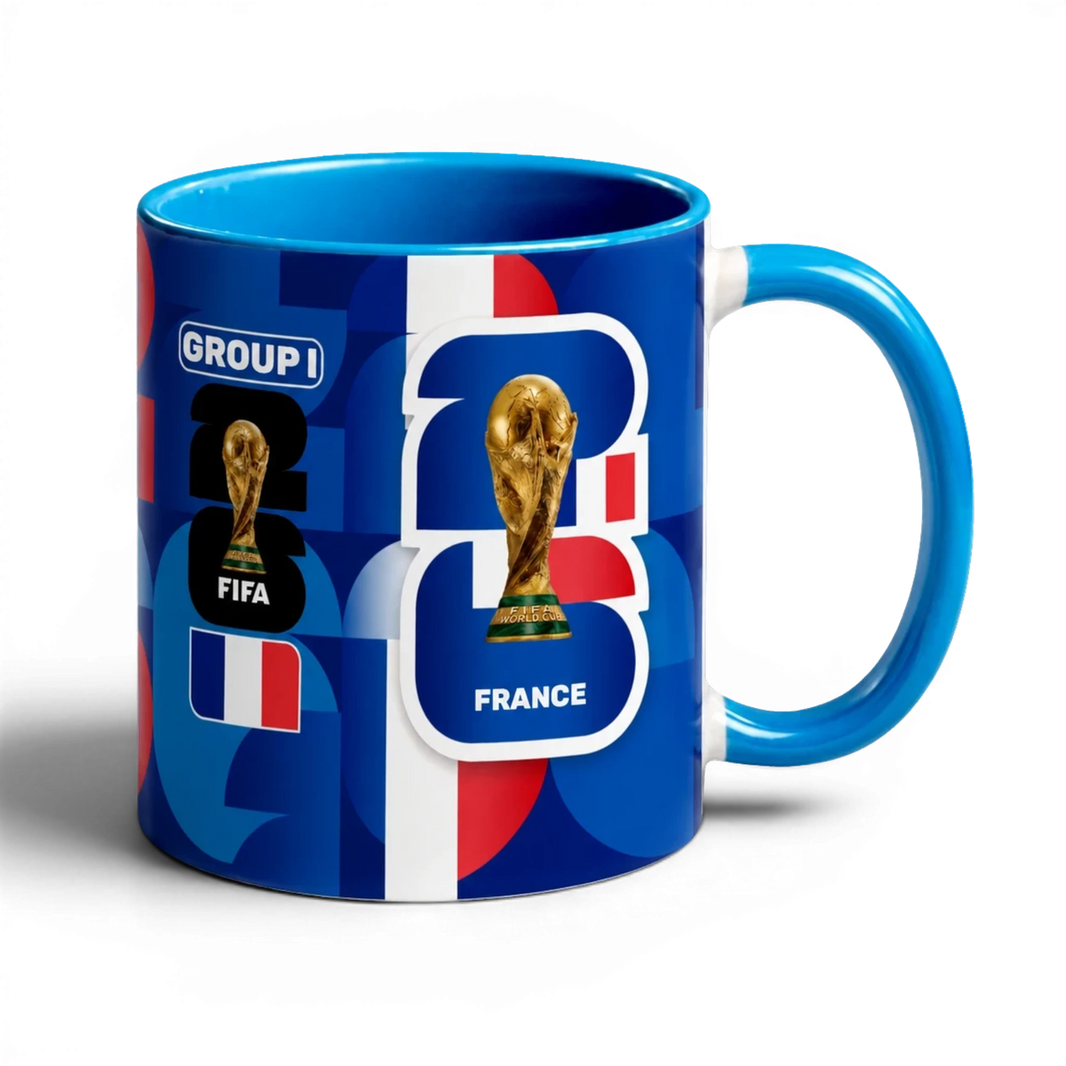 Fann Bliss France World Cup trophy commemorative ceramic mug with blue, white, and red graphics.